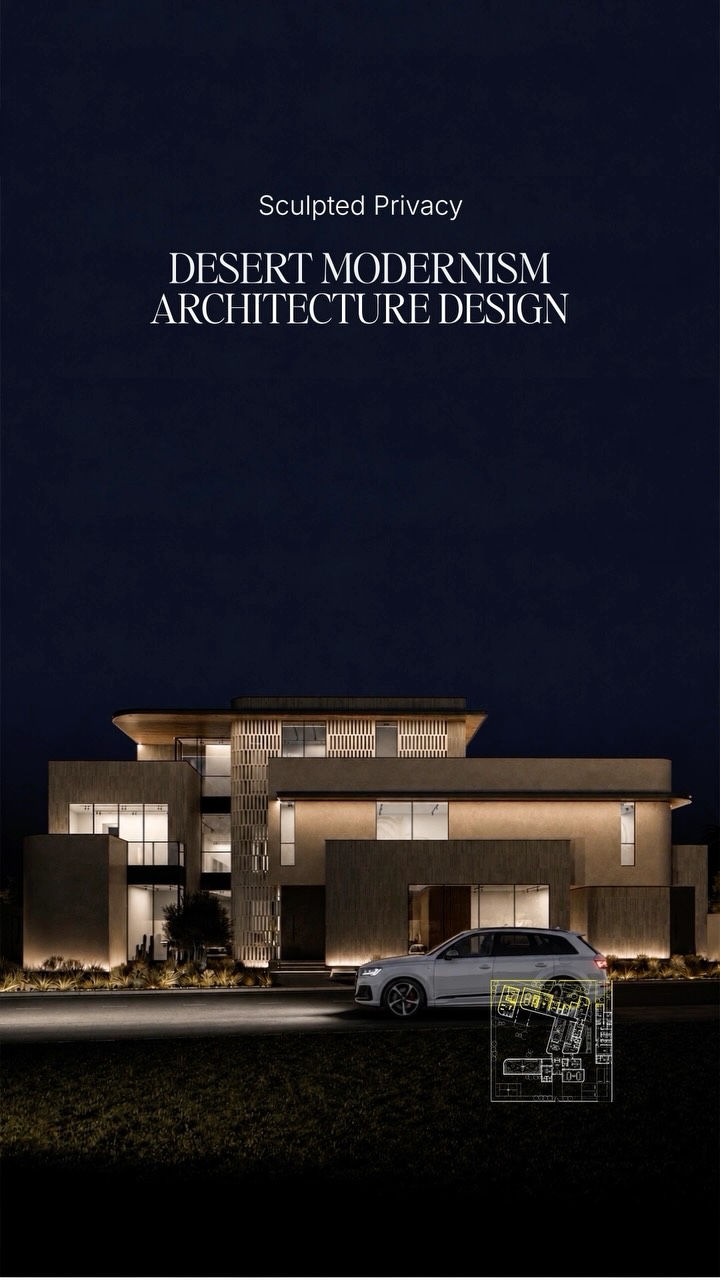 A calm stone facade, with one sculpted screen carrying the identity.

• The deep screen blocks the s...