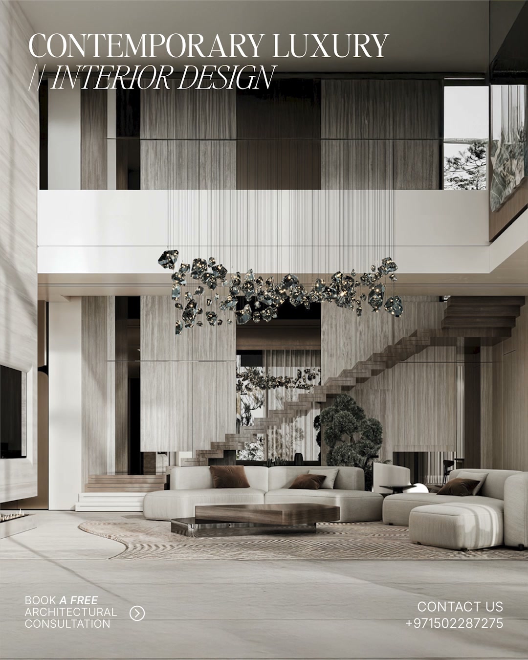 Designed & built by @imperium.uae

• Travertine floors and fluted wood panels from entrance to livin...
