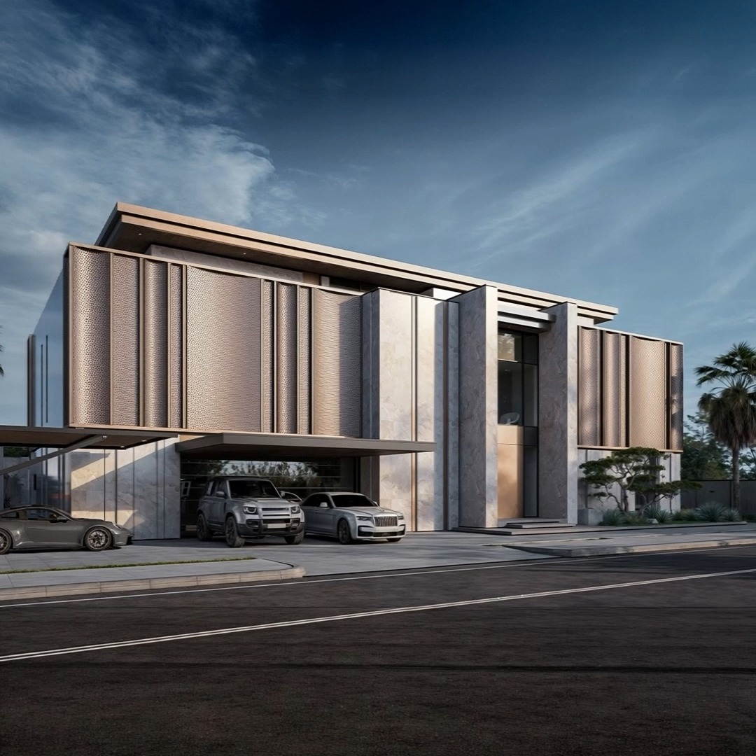 Designed & Built by @imperium.uae

•	Beachfront villa sitting directly on the water
•	Stone cladding...