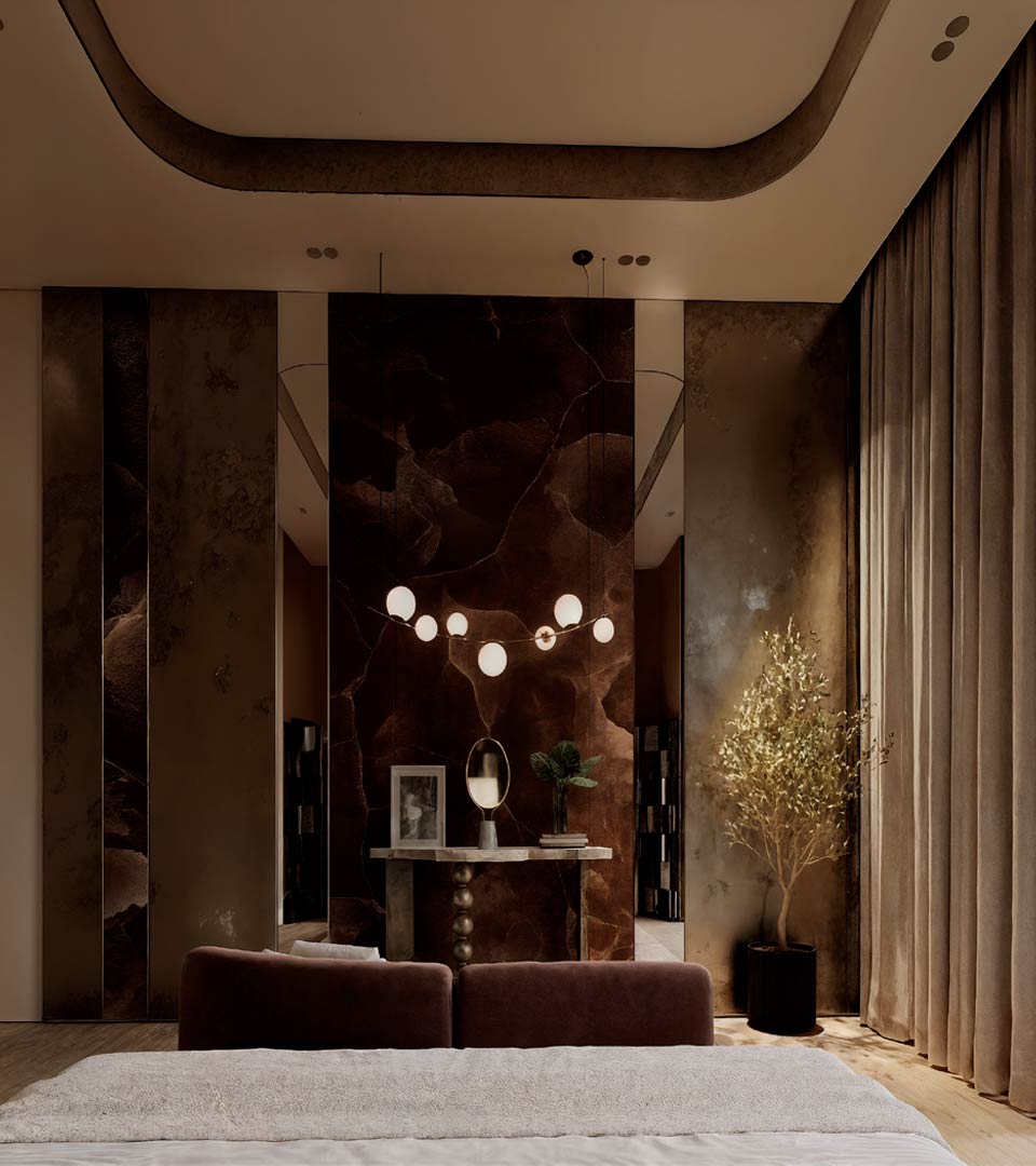 Stone Panel: Dark brown marble with gold veining
