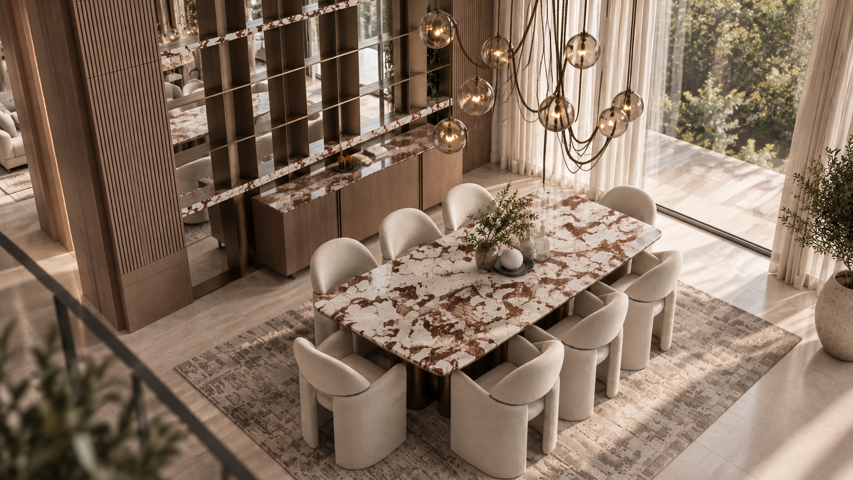 Dining table & sideboard: Burgundy-veined marble
